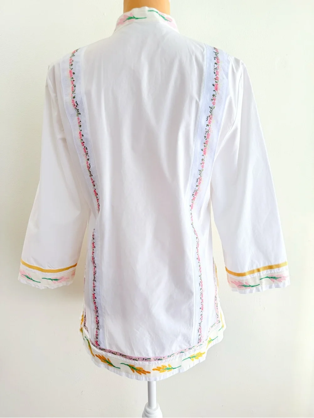 TORY BURCH WHITE COTTON FLORAL RIBBON EMBELLISHED EMBROIDERED TUNIC TOP